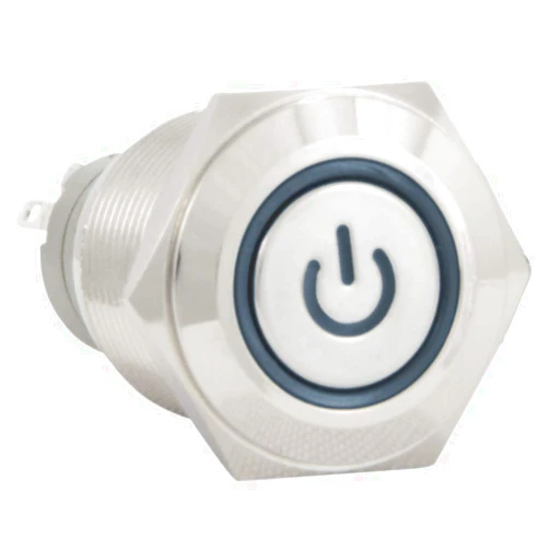 JacobsParts Latching Maintained Pushbutton ON/OFF Switch Circular Metal Silver with Blue Power Symbol Light fits 5/8