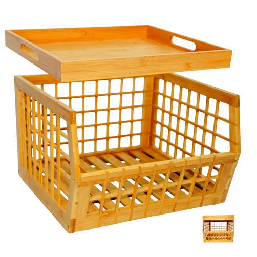 AltCooking Hub Bamboo Storage Bin - Multipurpose, Stackable Open Front Storage Bin with Bamboo Serving Tray Lid for Kitchen & Pantry - Stylish Lattice Design
