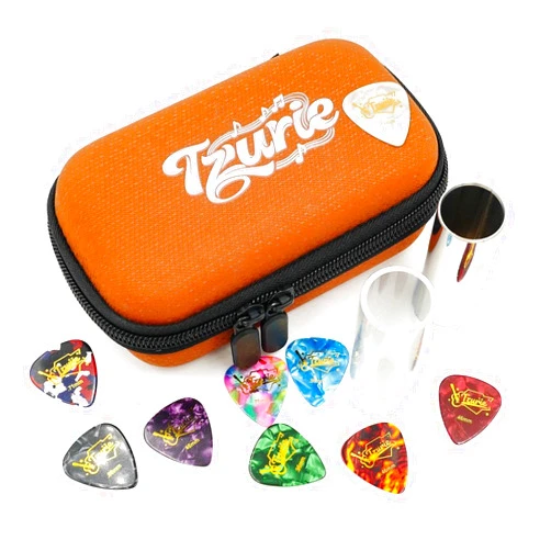 Tzurie Glass & Steel Guitar Slide & Picks Set with Brown Travel Case - 9 Celluloid Picks, 2 Slides Included - Slide Guitar Accessories for Electric & Acoustic Guitars