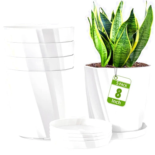 NGTTXTX 8 Inch Plant Pots with Drainage Holes and Saucers - Flower Pots for Indoor Plants - White Plastic Planters for Outdoor Plants - House Planting Pots Set