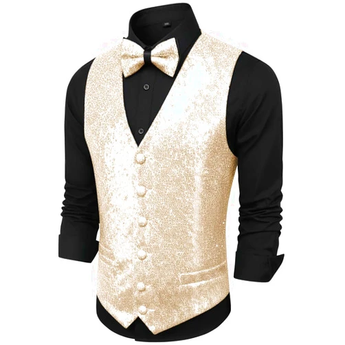 TiepTeer Sequin Vest for Men Slim Fit V Neck Sparkly Waistcoat Bowtie Set Wedding Prom Party Tuxedo Vests