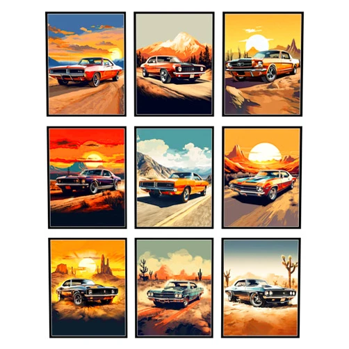 BigWig Prints Muscle Car Posters - Car Poster Set, Muscle Car Artwork, Car Posters for Bedroom, Mustang Poster, Vintage Car Decor, Car Posters for Men, Vintage Car Poster - Unframed Set Of 9 (8x10”)