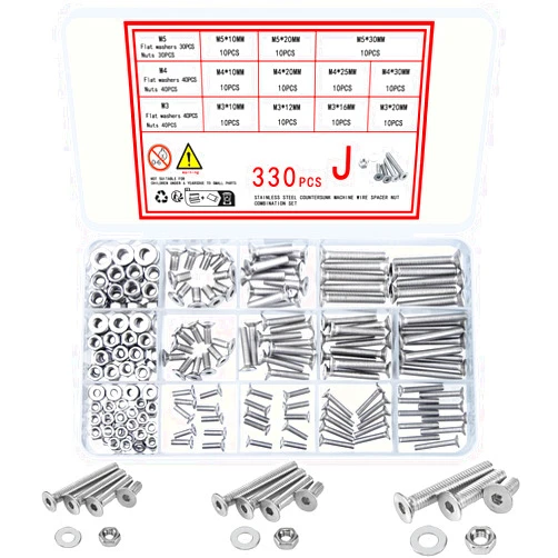 Wugongshan 330 Pcs Countersunk Head Hexagon Socket Screws Bolts and Nuts and Washers Assortment Kit, M3 M4 M5 Metric Stainless Steel Bolts and Machine Screws and Nuts and Washers Set for Home Industrial