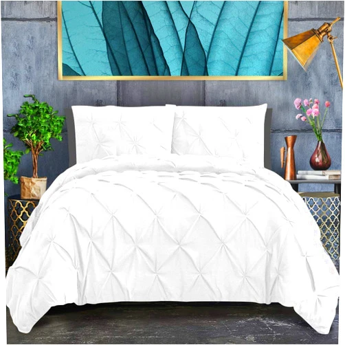 RoverBedding Super King Plus (120''x120'') Size - White Color 3 Piece Pinch Pleated Comforter Set with 4 Corner Tabs 100% Cotton 500 GSM Fill Power All Season Lightweight Pintuck Quilted Bedding Set