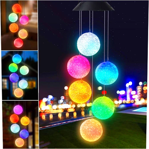 Flacchi Color Changing Solar Power Wind Chime Crystal Ball Wind Chime Wind Mobile Portable Waterproof Outdoor Windchime Light for Patio Yard Garden Home