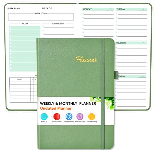 UEBZFOCS Undated Weekly and Monthly Planner, Hardcover Leather Calendar Blank Planner, Simplified To Do List Notebook with Goal & Habit Tracker Organizer, A5 Daily Weekly Planner for Work School Home, Green