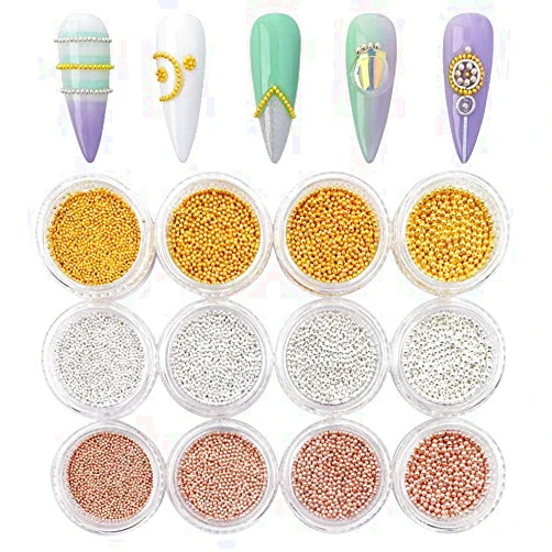 Sindy 12 Boxes Nail Metal Caviar Nail Beads Fashion Gold Silver Rose Gold Nail Steel Ball Nail Tools Design Kit Nail Accessories Manicure Tips for Women (Mixed 4size)