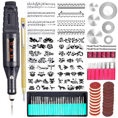 Uolor 108 Pcs Engraving Tool Kit, Multi-Functional Electric Corded Micro Engraver Etching Pen DIY Rotary Tool for Jewelry Glass Wood Ceramic Metal Plastic with Scriber, 82 Accessories and 24 Stencils