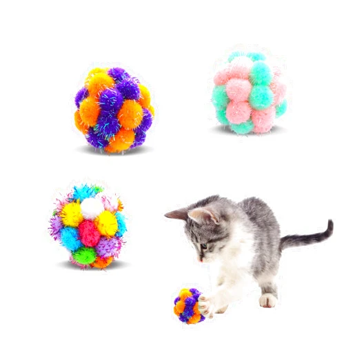 TUSATIY Cat Toys Balls with Bells 3PCS, Color Cat Pom Pom Balls,Tinsel Sparkle Balls,Interactive Toy for Indoor Cats Kitten