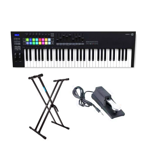Novation Launchkey MK3 61-Key USB MIDI Keyboard Controller Bundle with Adjustable Double X Keyboard Stand and Sustain Pedal (3 Items)
