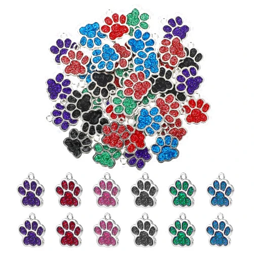 InnoHHustle 42pcs Dog Paw Print Charms for Jewelry Making Glitter Footprint Animal Charms Silver Enamel Charms Paw Print Beads for DIY Bracelets and Keychain Charms Necklaces