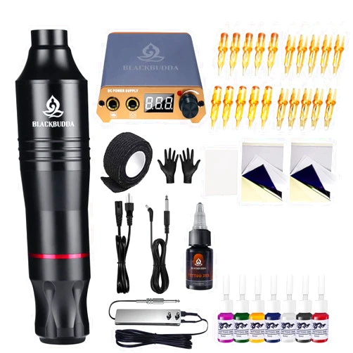 BLACKBUDDA Tattoo Kit, Blackbudda Machine kit with Power Supply Colorful Pigment Cartridge Pen Kit for Professional Rotary Machine Kit Professional Complete, 20pcs Cartridge Needles