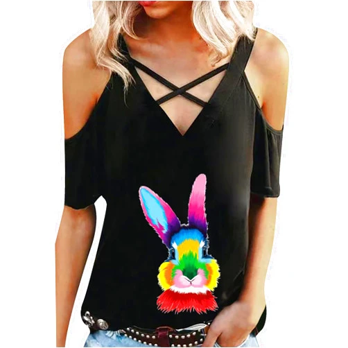 EFOFEI Women's Egg Print Off Shoulder T-Shirts Short Sleeve Bunny Rabbit Shirts Happy Easter Day Print Tunic Tops