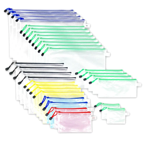 ZHENROAD 30 Pack Plastic Mesh Zipper Pouch, ZHENROAD 8 Sizes Waterproof Tear-Resistant Zipper Bags, Translucent Document Organizer Bags for Travel Storage, School Supplies, Office Appliances and Home Organize