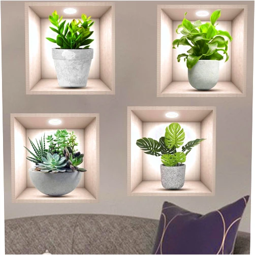 KeLay Fs 3D Green Plants Wall Sticker,4pcs 3D Vases Flower Wall Stickers Decals for Living Room Bedroom Kitchen Decor,3D Green Pot Plant Succulent Stickers(3D Plants)