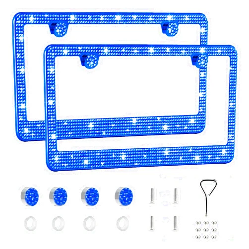 Diming 2 Pack Bling License Plate Frames with Bling Caps，Premium Stainless Steel and Handcrafted Glitter Crystal Diamond Rhinestone License Plate Frame Cover for Women(Sapphire Blue)