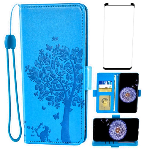 Asuwish Compatible with Samsung Galaxy S9 Plus Wallet Case and Tempered Glass Screen Protector Flip Wrist Strap Card Holder Stand Cell Phone Cover for Glaxay S9+ 9S 9+ S 9 9plus S9plus Women Men Blue