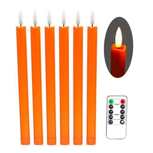 Stmarry Flameless Orange Taper Candles with Remote - 10 Inch LED Candlesticks Flickering, Realistic 3D Flame with Wick, Warm White Light, Thanksgiving Fall Autumn Decor for Home, Timer - Set of 6