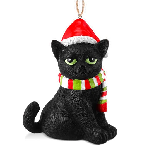 ElectricWise Black Cat Christmas Ornament 3D, Cat Figurine Christmas Tree Ornament with Santa Hat & Candy Cane Scarf, 4.1 Inch Black Longhair Tabby Kitty Figurine for Xmas Village Display, Gift for Animal Lover
