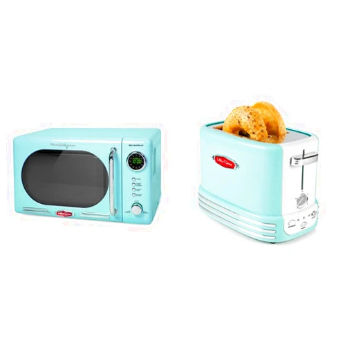 Nostalgia Retro Compact Countertop Microwave Oven, 0.7 Cu. Ft. 700-Watts with LED Digital Display & Retro Wide 2-Slice Toaster, Vintage Design With Crumb Tray, Cord Storage & 5 Toasting Levels, Aqua
