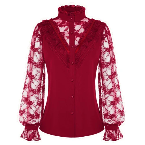 Scarlet Darkness Women Victorian Blouse Elegant Ruffle Lace Long Sleeve Tops