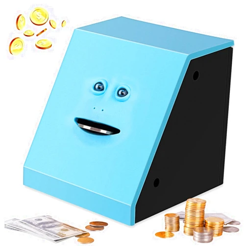S SUNSBELL Face Bank, Piggy Bank Coin Eater Funny Bank, sunsbell Money Eating Coin Bank Piggy Bank Boalord, Battery Powered Money Saving Box, Wacky Coin Jar Face Coin Bank - Blue
