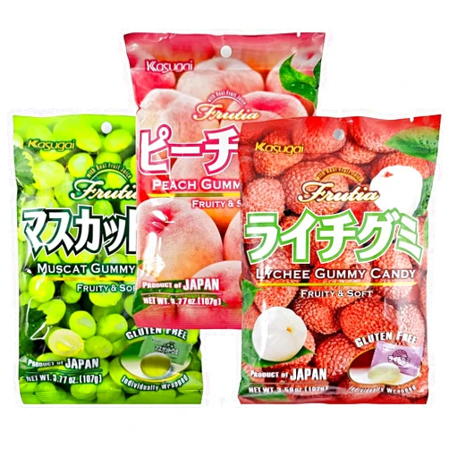 YCNO KOMBOFAN (Variety 3 packs) Kasugai Peach Gummy Candy, Lychee Gummy Candy, Muscat Gummy Candy, Fruity and Soft, Frutia with Real Fruit Juice, Gluten Free, Individually Wrapped, (3.77oz,3.77oz,3.59oz Total: 11.13 oz)