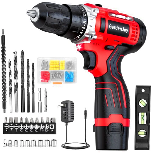 GardenJoy Cordless Power Drill Set: 12V Electric Drill with Battery and Charger, 65pcs Acessories, 3/8