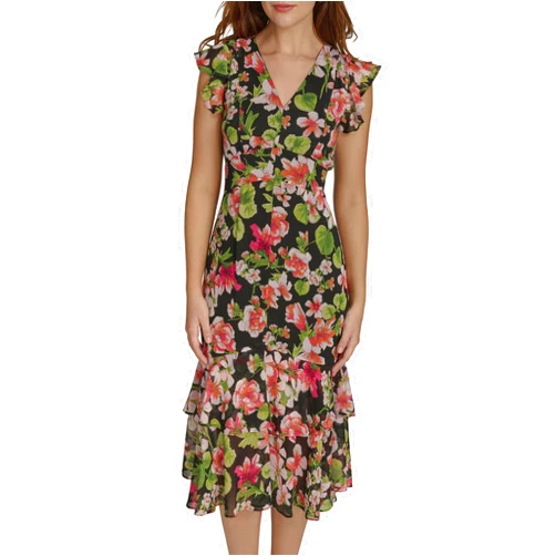 Tommy Hilfiger Women's Midi Fancy Tiered Hem Flutter Dress