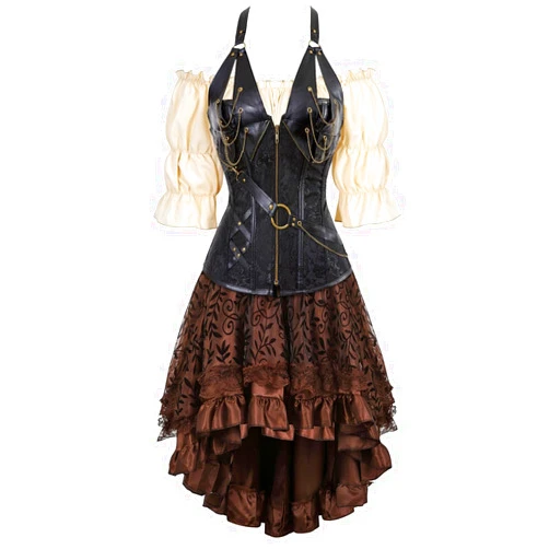 Kranchungel Corset Dress Steampunk Steel Boned Corset Skirt 3 Set Blouse Pirate Gothic Basques Medieval Renaissance Women