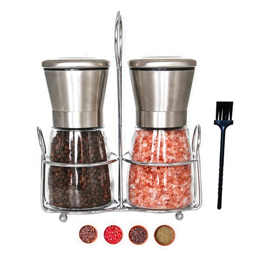 Sunmei Salt and Pepper Grinder Set,Pepper Mill Set with Stand,Kitchen Adjustable Coarseness and Salt Grinder Refillable by Professional Chef, with a Stand (Small)