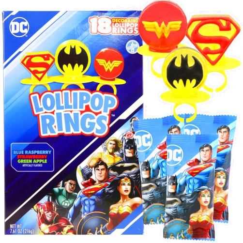 Imaginings 3 Justice League Candy Batman, Superman, and Wonder Woman Lollipop Rings, DC Decorated Suckers, Individually Wrapped for Birthday Party Favors, 18 Count