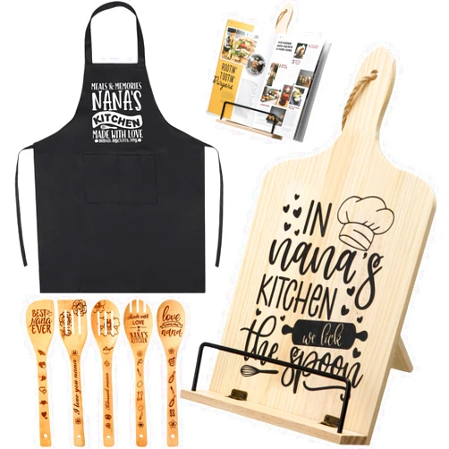 LOYIM 7 Pcs Gifts for Grandma Mom Nana, Mother Day Gift from Daughter Granddaughter Wooden Adjustment Cookbook Stand Cooking Utensils Set Kitchen Apron for Birthday Valentines Day Gift(Nana)
