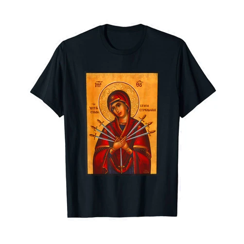 Christian Eastern Orthodox Church Art Tees Theotokos Virgin Mary of 7 Seven Swords Orthodox Christmas T-Shirt