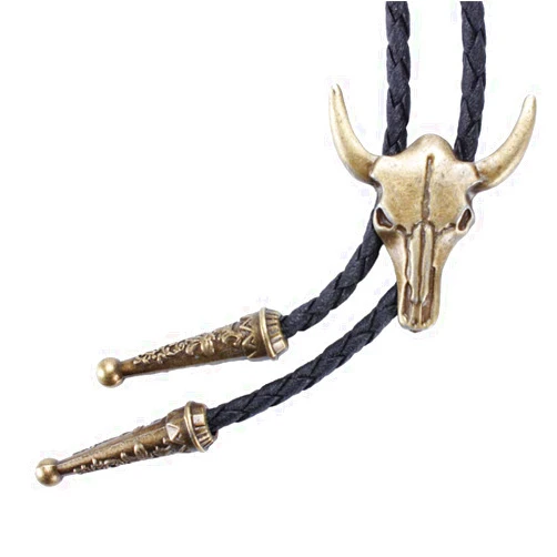 Wentur Western Vintage Bolo Tie for Men - Cow Skull Design Cowboy Tie - Black Leather Bolo Necktie Necklace