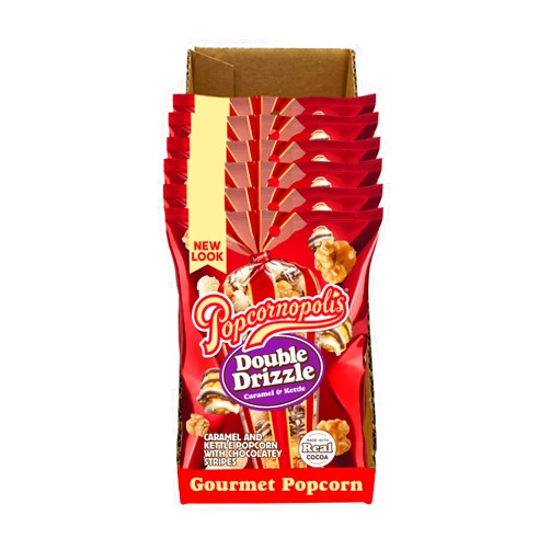 Popcornopolis Double Drizzle 6 ct, 2 oz Case, Caramel and Kettle with Chocolatey Stripes Flavored Indulgent Popcorn