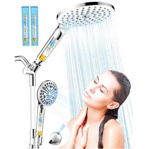 HOPOPRO Dual Filtered Handheld Shower Heads Combo, HOPOPRO 15-Mode High Pressure Rainfall Showerheads Combo Set with Filter, for Hard Water, Removes Chlorine, Improves Skin Hair Condition, Chrome