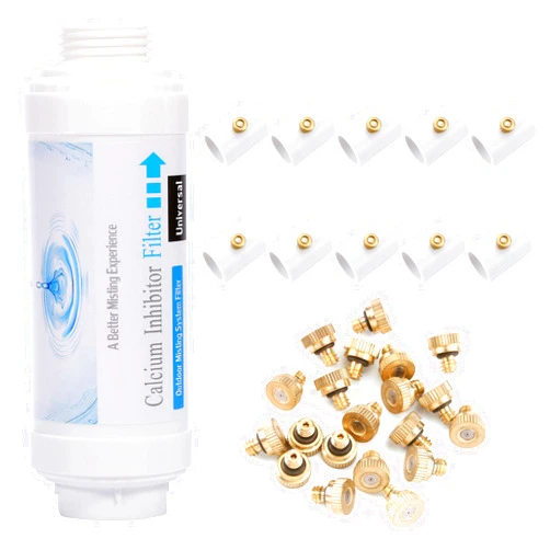 CozyCabin Outdoor System Mist Calcium Inhibitor Filter Bundle with 10Pack 1/2 inch PVC Splitter Mist Nozzles Bundle with 20PCS Low Pressure Brass Misting Nozzles