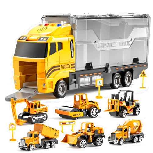 TEMI Construction Truck Toy Set with Play Mat, Carrier Truck Toys for Kids Toddlers, Die-Cast Metal Toy Car Set, Truck Car Kids Toys Christmas Birthday Gift for Age 3 4 5 6 + Years Old Boys Girls