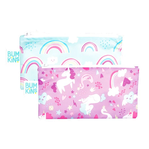 Bumkins Reusable Snack Bags, for Kids School Lunch and for Adults Portion, Washable Fabric, Waterproof Cloth Zip Bag, Supplies Travel Pouch, Food-Safe, 2-pk Unicorns and Rainbows