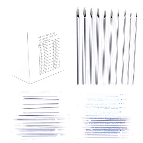 DJCIW 100PCS Mixed Body Piercing Needles, 12G 14G 16G 18G 20G Disposable Sterile Stainless Steel Piercing Needles for Ear Nose Navel Belly Nipple Tongue Lip Piercing