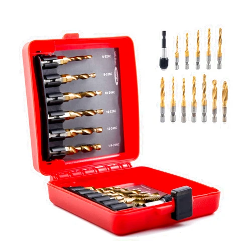 HIDOTOL Titanium Combination Drill and Tap Bits Set with Quick Change Adapter, 13 PC SAE/Metric Screw Taps, 3-in-1 Bit Tool for Drilling, Tapping and Countersinking