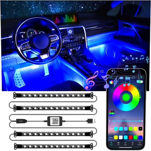 LivTee Accent Interior Car Lights, Smart Car Interior Lights with App Control, RGB LED Lights with Music Mode and DIY Mode, 2 Lines Design LED Lights for Cars with Charger, Car Accessories for Women
