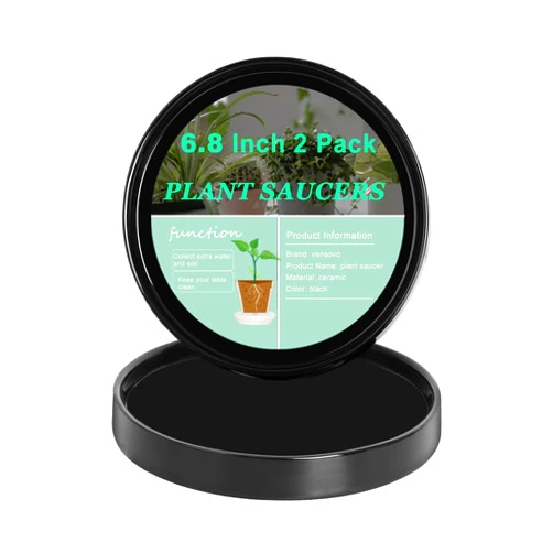 vensovo Large Ceramic Plant Saucer for Pots- 2 Pcs 7 Inch Round Plant Tray for 4,5,6 Inch Plant Pots, Modern Black Ceramic Planter Saucer are The Perfect for Indoor or Outdoor Decoration.