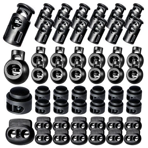 CLESDF 52Pcs Plastic Cord Locks, Single Double Hole Spring Stop Toggle Stoppers for Drawstrings, Shoelaces, Bags, More, 4 Styles