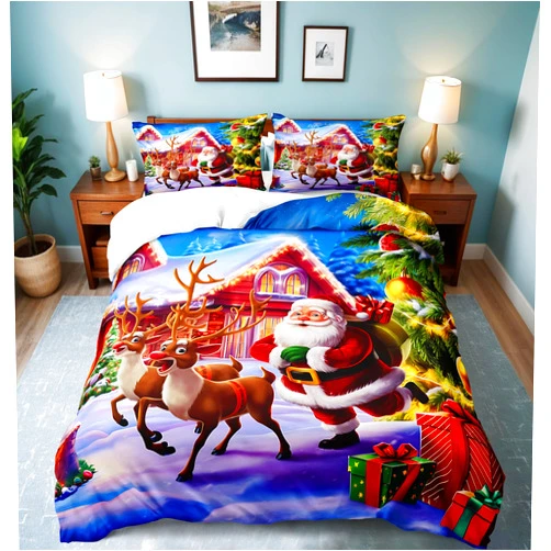 Bedbay Christmas Bedding Set King Size Duvet Cover Santa Claus Bedding Chrismas Deer Christmas Tree Printed Xmas Christmas Room Decor Soft Microfiber 3 Pcs Quilt Cover Set for Winter(Santa,King)