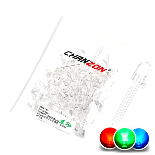 CHANZON 50 pcs 8mm RGB Multicolor LED Diode Lights Common Anode(Clear Round Transparent 3 Color) 4 pin Bright Lighting Bulb Lamps Electronics Components Indicator Light Emitting Diodes