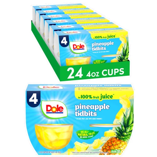 Dole Fruit Bowls Pineapple Tidbits in 100% Juice Snacks, 4oz 24 Total Cups, Gluten & Dairy Free, Bulk Lunch Snacks for Kids & Adults