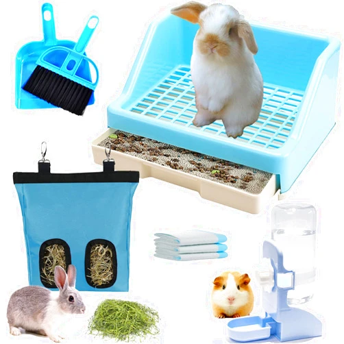 Calymmny Rabbit Litter Box with Drawer, Bunny Water Bottle and Hay Feeder Bag, 5-In-1 Small Pet Rabbit Cage Accessories, Bunny Toilet Potty with Cleaning Set for Rabbit Guinea pig Chinchilla (BLUE)