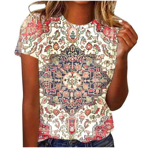 Bawilom Summer Tops for Women Vintage Floral Printed Shirts Round Neck Short Sleeve Tees Boho Blouses Ethnic Style T Shirts